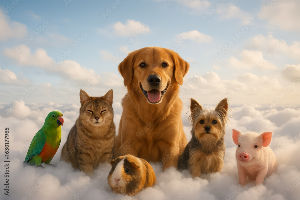 Fototapeta premium Group of adorable pets including a dog, cat, parrot, piglet, guinea pig, and yorkie sitting together on fluffy clouds under a blue sky in heaven 