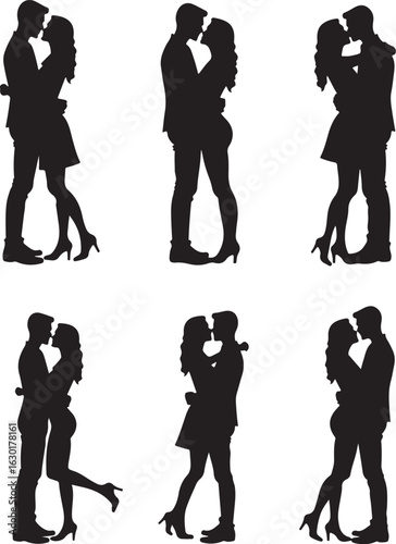 Romantic couple silhouette kissing, celebrating love's embrace