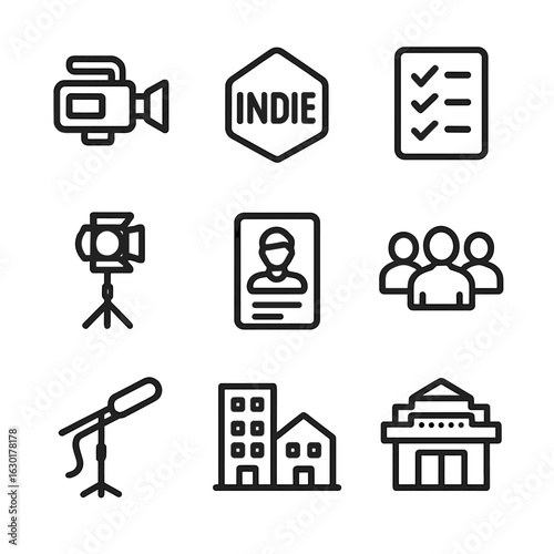 Indie Film Icon Set. Outline icon set of indie film tools: handheld camera, indie badge, budget list, set light, actor profile,