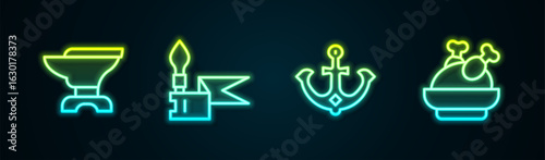 Set line Anvil for blacksmithing, Medieval spear, Anchor and Roasted turkey chicken. Glowing neon icon. Vector