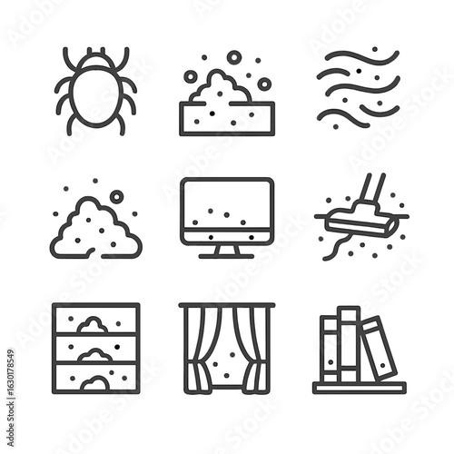 Indoor Dust Icon Set. Outline icon set of indoor dust: dust mites, dust particles on surface, dusty air, dust accumulation, dust