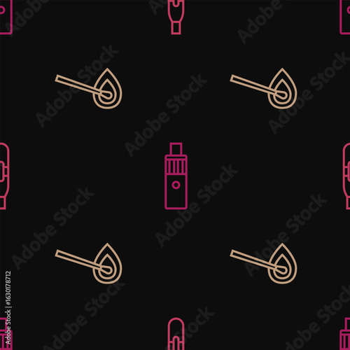 Set line Electronic cigarette, Burning match with fire and Vape mod device on seamless pattern. Vector