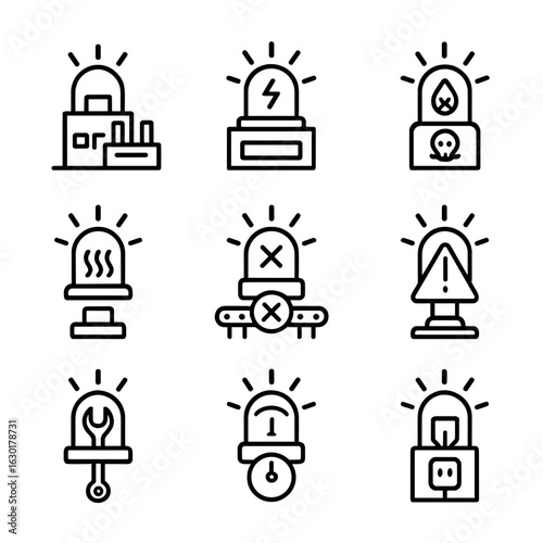 Industrial Alarm Icons. Outline icon set of industrial alarm sirens: factory warning siren, machine fault siren, chemical leak