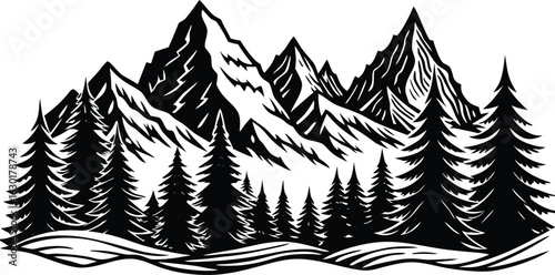 Black mountain landscape silhouette with layered peaks and dramatic horizon, minimal nature scenery vector for travel, hiking, outdoor adventure, wilderness background illustration