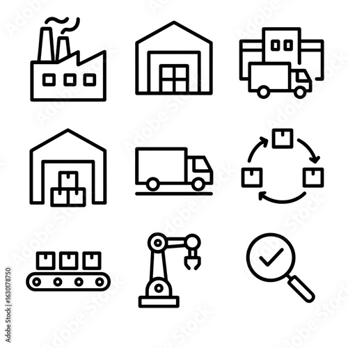 Industrial Icon Set. Outline icon set of industrial hubs: manufacturing plant, warehouse, logistics center, distribution hub,