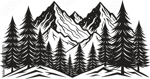 Black mountain landscape silhouette with layered peaks and dramatic horizon, minimal nature scenery vector for travel, hiking, outdoor adventure, wilderness background illustration