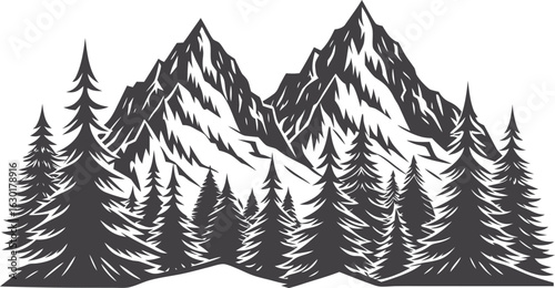 Black mountain landscape silhouette with layered peaks and dramatic horizon, minimal nature scenery vector for travel, hiking, outdoor adventure, wilderness background illustration