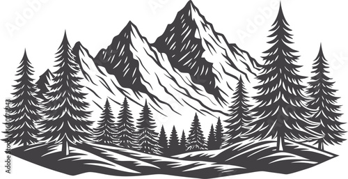 Black mountain landscape silhouette with layered peaks and dramatic horizon, minimal nature scenery vector for travel, hiking, outdoor adventure, wilderness background illustration