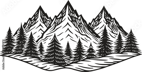 Black mountain landscape silhouette with layered peaks and dramatic horizon, minimal nature scenery vector for travel, hiking, outdoor adventure, wilderness background illustration