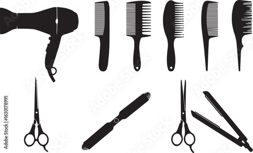 Collection of Black Silhouette Hair Styling Tools Including Hairdryer and Scissors comb hair comb