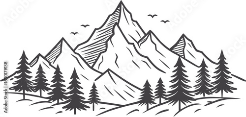 Hand drawn line art mountain design. Mountains and pine trees illustration. Minimalist line art of mountains and pine trees