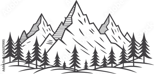 Hand drawn line art mountain design. Mountains and pine trees illustration. Minimalist line art of mountains and pine trees