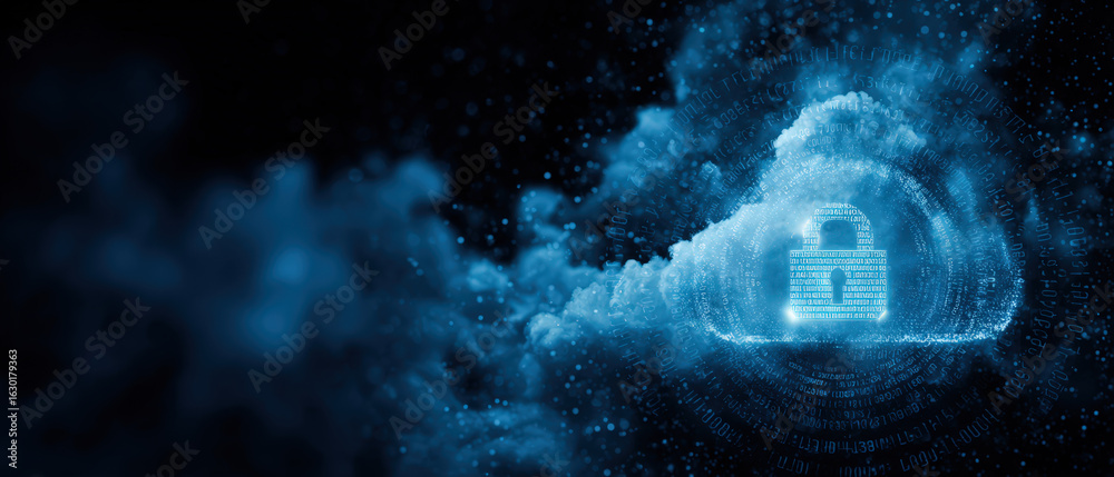 Fototapeta premium Securing data in the cloud digital lock concept cybersecurity virtual environment abstract view