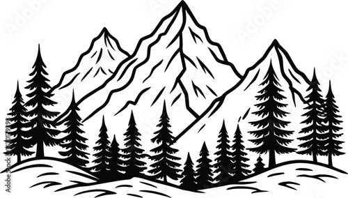 Black mountain landscape silhouette with layered peaks and dramatic horizon, minimal nature scenery vector for travel, hiking, outdoor adventure, wilderness background illustration