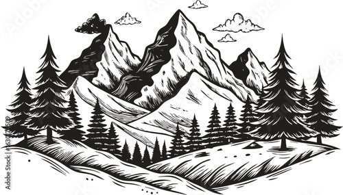 Black mountain landscape silhouette with layered peaks and dramatic horizon, minimal nature scenery vector for travel, hiking, outdoor adventure, wilderness background illustration