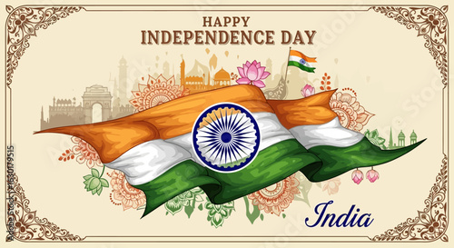 Illustrative banner for Indian Independence Day featuring the tricolor flag waving over a collage of national monuments and cultural patterns.