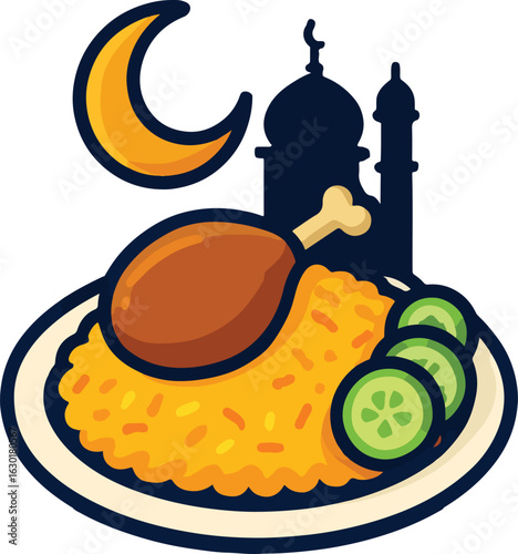 illustration of a mosque in the middle and Eid biriyani