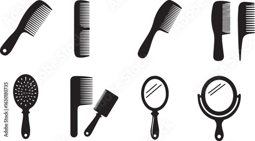 Collection of Black Silhouettes of Hair Styling Tools and Mirrors comb hair comb