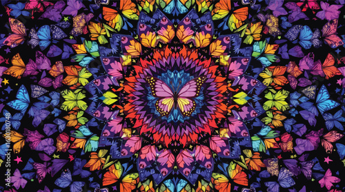 Psychedelic Butterfly Mandala on Black abstract background.
