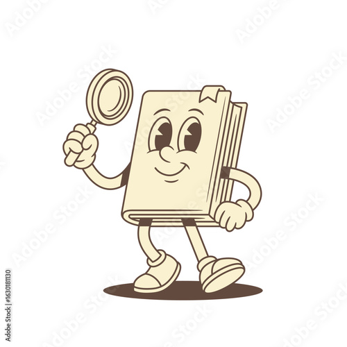 Comic childish book cartoon character with magnifying glass vector illustration. Cute adorable textbook literature mascot searching information education learning cognition