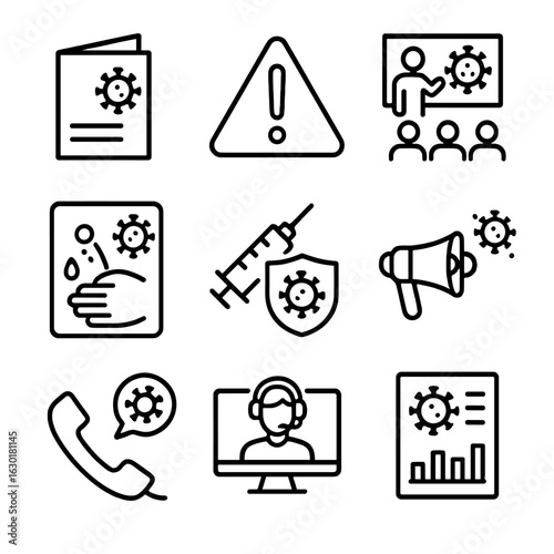 Infection Awareness Icons. Outline icon set of infection awareness and education: brochure, warning sign, lecture, handwashing