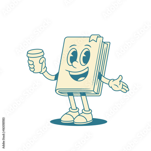 Cute childish book cartoon character with morning coffee minimalist vector illustration. Smiling comic old fashioned textbook literature library mascot enjoy hot caffeine beverage education