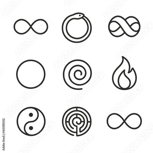 Infinity Icon Set. Outline icon set of philosophical infinity: endless loop, ouroboros, mobius strip, circle of life, spiral,