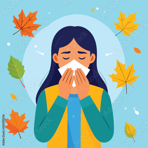 A woman blowing her nose, surrounded by autumn leaves, feeling unwell.