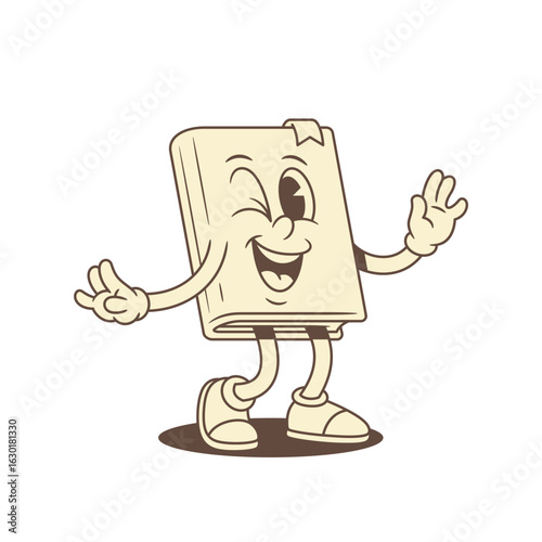 Happy childish book cartoon character wink smiling vector illustration. Cute comic minimalist textbook literature library mascot learning education having fun with positive emotion