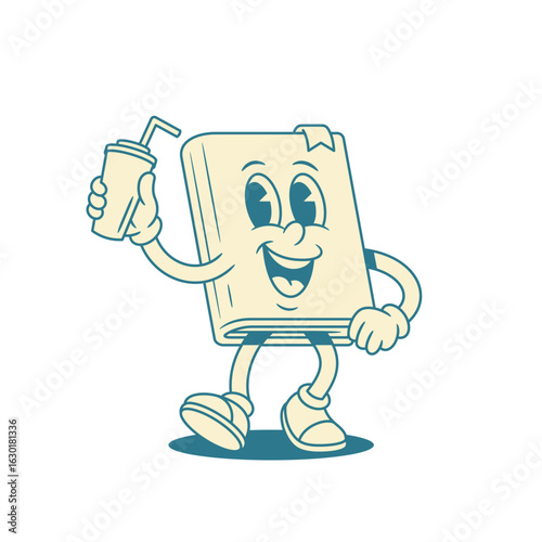 Comic funny childish book cartoon character with soda drink vector illustration. Adorable smiling minimalist literature library reading mascot with summer refreshing beverage