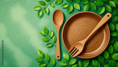 Fresh green natural background with wooden spoon, fork and plate. Natural textures concept