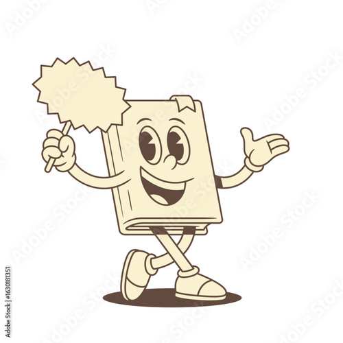 Funny childish book cartoon character with empty signboard vector illustration. Comic minimalist textbook literature library mascot smiling walking with sign place for text