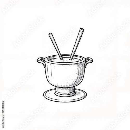 Hand-drawn cheese fondue pot with skewers, culinary creativity