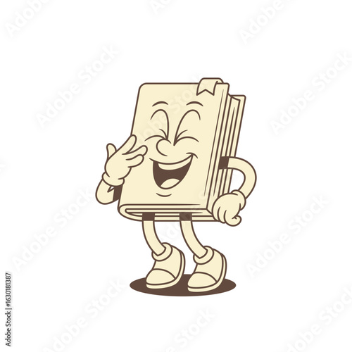 Comic childish book cartoon character laughing vector illustration. Funny positive minimalist literature library reading education mascot having fun overjoyed emotion