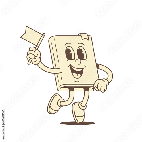 Overjoyed childish book cartoon character with flag vector illustration. Cute laughing jumping minimalist textbook literature library reading education mascot positive emotion