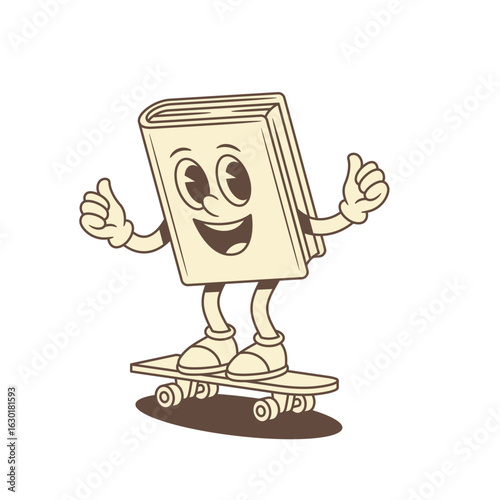 Cool funky childish book cartoon character riding skateboard vector illustration. Smiling teenager hipster minimalist literature library reading school education mascot board trick parkour