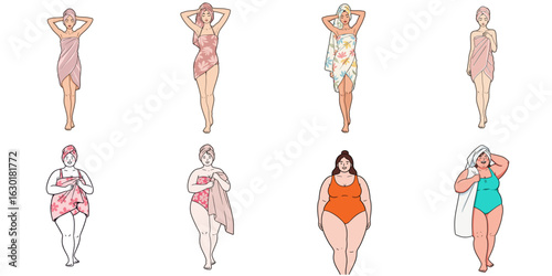 Women in swimsuits posing with towels in various styles and colors  on a transparent background