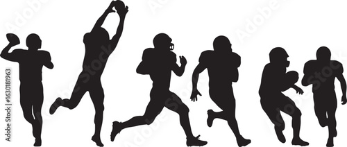 American Football Player Silhouettes in Action sport, american football, football player, silhouette, sport, athlete, action, running, catching, throwing, tackling, offense, defense, game, competition