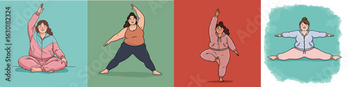 Diverse women practicing yoga in colorful backgrounds and poses  