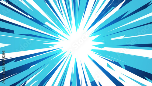 Blue comic explosion. Cartoon horizontal bright flash effect. Radial striped sunbeam vector template