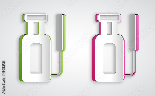 Paper cut Garden sprayer for water, fertilizer, chemicals icon isolated on grey background. Paper art style. Vector