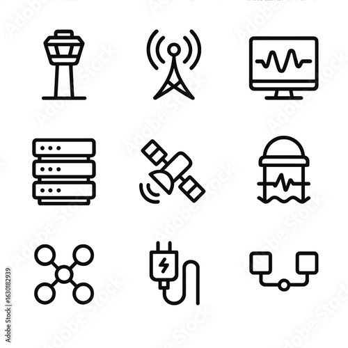 Infra-Sound Icon Set. Outline icon set of infra-sound monitoring stations: control tower, antenna, monitoring screen, data center,