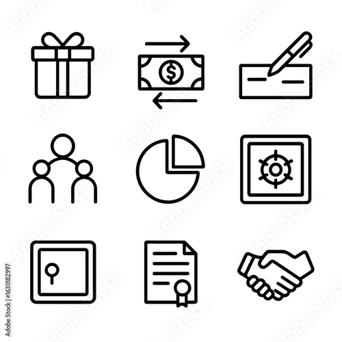 Inheritance Icons Set. Outline icon set of inheritance distribution: gift box, money transfer, check, handshake, family members,
