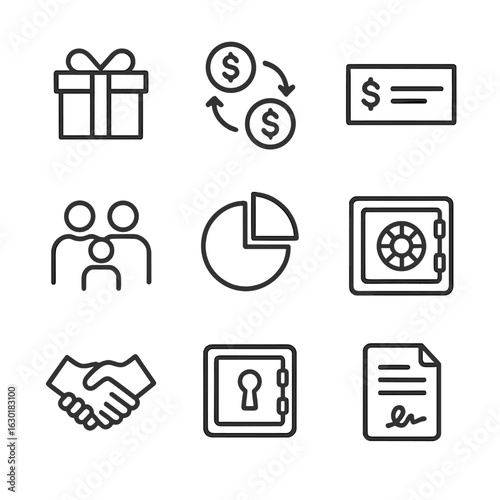 Inheritance Icons Set. Outline icon set of inheritance distribution: gift box, money transfer, check, handshake, family members,