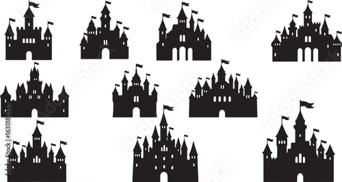 Collection of black castle silhouettes with flags medieval, castle, silhouette, medieval, fortress, architecture, building, fantasy, fairytale, gothic, structure, tower, royal, kingdom, design, graphi