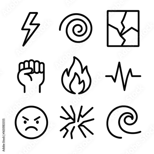 Inner Chaos Icons. Outline icon set of inner chaos: lightning strike, storm swirl, broken mirror, clenched fist, raging fire,