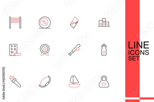 Set line Weight, Yacht sailboat, Medieval bow, Torch flame, Fitness shaker, Baseball bat with ball, Medal star and Sports doping dumbbell icon. Vector