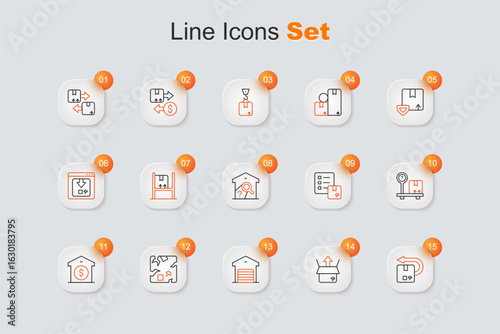 Set line Return cardboard box, Unboxing, Warehouse, Broken, price, Scale with, Verification of delivery list and check icon. Vector