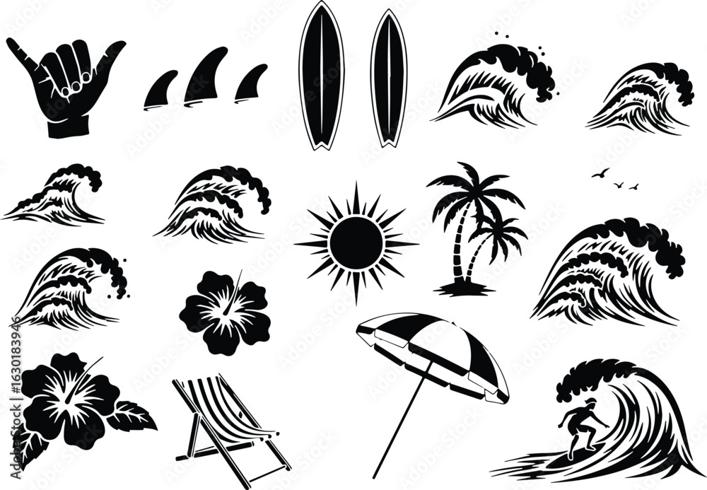 Fototapeta premium Collection of surfing and beach icons surfing, beach, wave, ocean, sea, water, surf, palm, fins, icon, vector, background, illustration, description:, vacation, nature, waves, chair, recreat