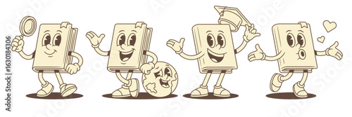 Smiling childish book cartoon character positive mascot set vector illustration. Cute cheerful textbook literature with magnifying glass globe heart love blow graduation cap school education